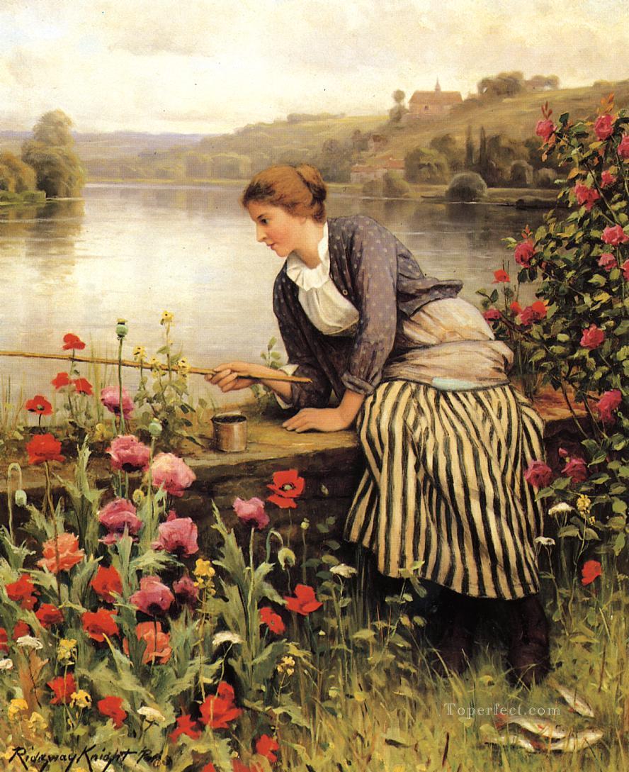 Fishing countrywoman Daniel Ridgway Knight classical flowers Oil Paintings